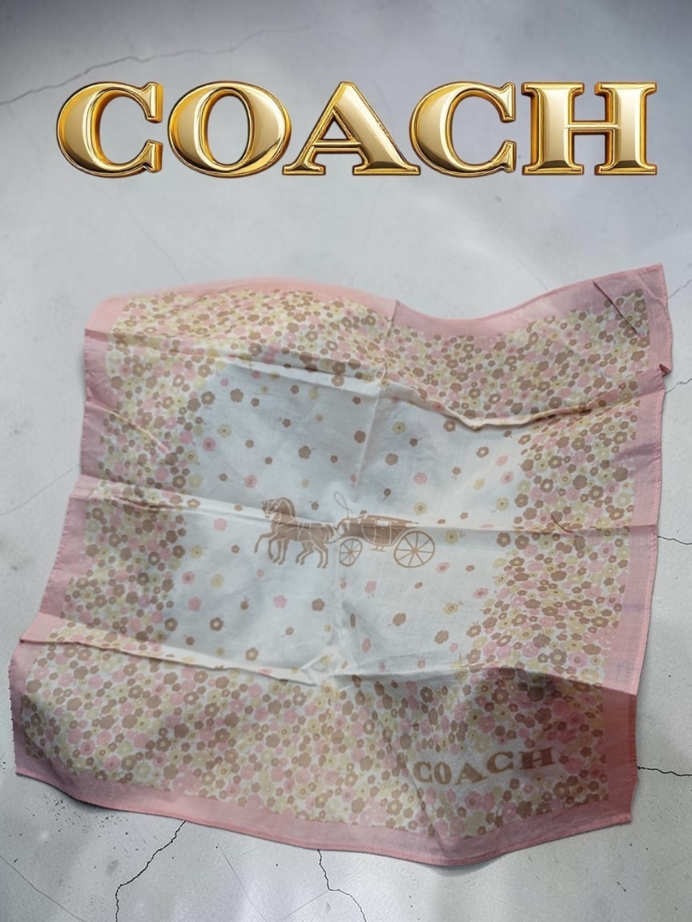 COACH Horse and Carriage Tea Rose Print Cotton Bandana Scarf Excellent Condition